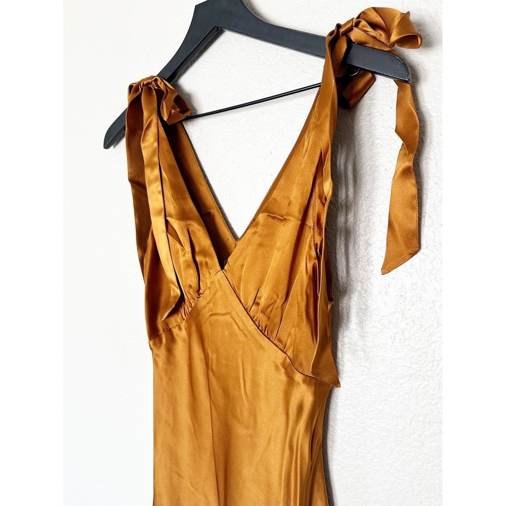 Reformation Pernille Tie-Strap Silk Maxi Dress Bronze Gold V-Neck Gown Large NEW - Picture 4 of 10